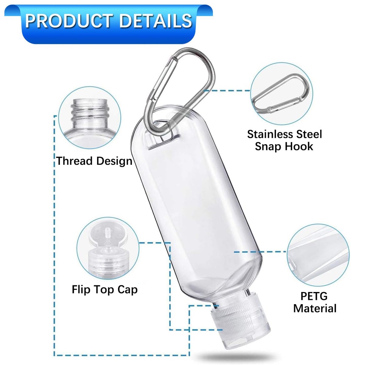 Ynaize 5 Pack Refillable Travel Plastic Bottles with Clip and Keychain - Empty Travel Size Containers for Hand Sanitizer, Lotions, Shampoos - TSA Approved for Kids and Adults - görsel 5