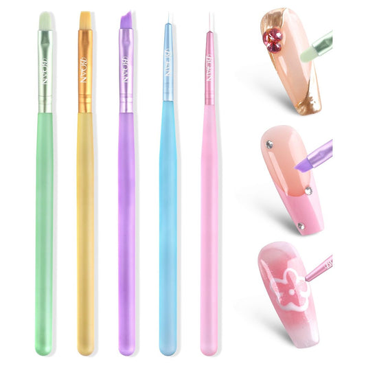 BQAN Nail Art Brushes Set - 5pcs Professional Nail Design Brushes with Flat, Round, French & Liner Brushes for Home DIY or Salon Use