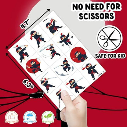 96 PCS Ninja Martial Arts Warriors Pre-Cut Temporary Tattoos for Kids - Super Cute Ninja Themed Skin-Friendly Fake Tattoo Stickers for Birthday Party Favors, Rewards & Decorations