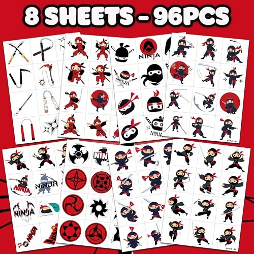 96 PCS Ninja Martial Arts Warriors Pre-Cut Temporary Tattoos for Kids - Super Cute Ninja Themed Skin-Friendly Fake Tattoo Stickers for Birthday Party Favors, Rewards & Decorations - görsel 6