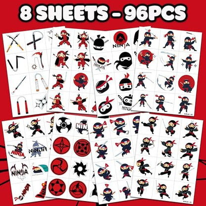 96 PCS Ninja Martial Arts Warriors Pre-Cut Temporary Tattoos for Kids - Super Cute Ninja Themed Skin-Friendly Fake Tattoo Stickers for Birthday Party Favors, Rewards & Decorations