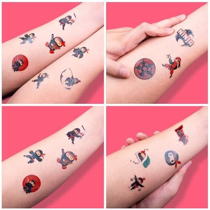 96 PCS Ninja Martial Arts Warriors Pre-Cut Temporary Tattoos for Kids - Super Cute Ninja Themed Skin-Friendly Fake Tattoo Stickers for Birthday Party Favors, Rewards & Decorations