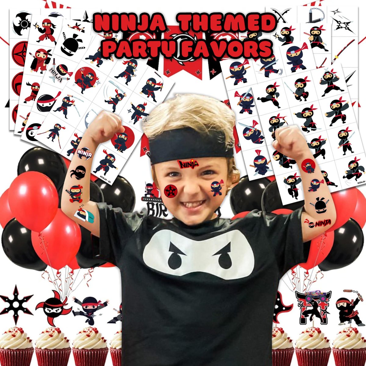 96 PCS Ninja Martial Arts Warriors Pre-Cut Temporary Tattoos for Kids - Super Cute Ninja Themed Skin-Friendly Fake Tattoo Stickers for Birthday Party Favors, Rewards & Decorations - görsel 3
