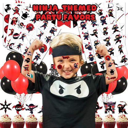 96 PCS Ninja Martial Arts Warriors Pre-Cut Temporary Tattoos for Kids - Super Cute Ninja Themed Skin-Friendly Fake Tattoo Stickers for Birthday Party Favors, Rewards & Decorations