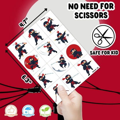 96 PCS Ninja Martial Arts Warriors Pre-Cut Temporary Tattoos for Kids - Super Cute Ninja Themed Skin-Friendly Fake Tattoo Stickers for Birthday Party Favors, Rewards & Decorations