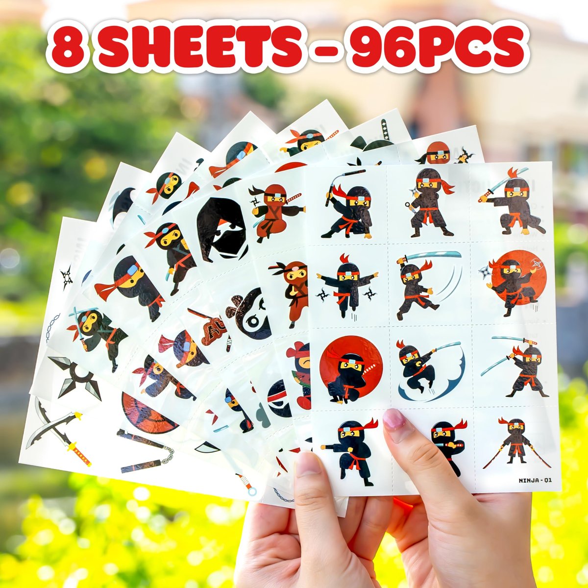 96 PCS Ninja Martial Arts Warriors Pre-Cut Temporary Tattoos for Kids - Super Cute Ninja Themed Skin-Friendly Fake Tattoo Stickers for Birthday Party Favors, Rewards & Decorations - görsel 15