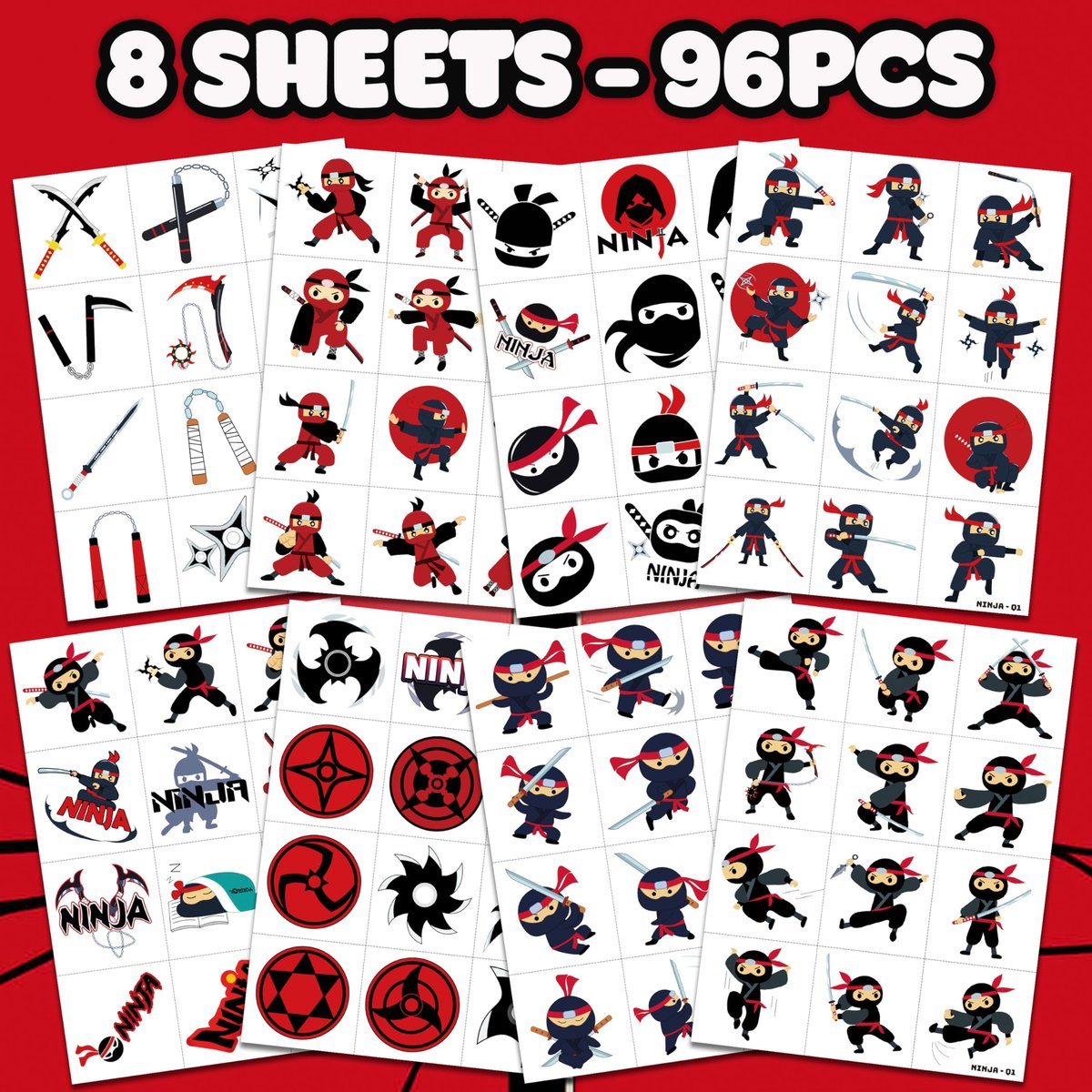 96 PCS Ninja Martial Arts Warriors Pre-Cut Temporary Tattoos for Kids - Super Cute Ninja Themed Skin-Friendly Fake Tattoo Stickers for Birthday Party Favors, Rewards & Decorations - görsel 5