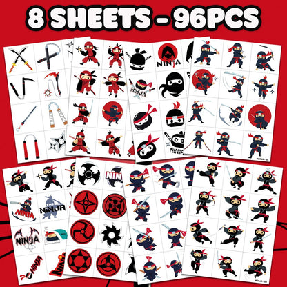 96 PCS Ninja Martial Arts Warriors Pre-Cut Temporary Tattoos for Kids - Super Cute Ninja Themed Skin-Friendly Fake Tattoo Stickers for Birthday Party Favors, Rewards & Decorations
