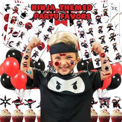 96 PCS Ninja Martial Arts Warriors Pre-Cut Temporary Tattoos for Kids - Super Cute Ninja Themed Skin-Friendly Fake Tattoo Stickers for Birthday Party Favors, Rewards & Decorations