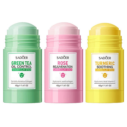 3PCS Green Tea Face Mask, Turmeric Clay Mask Rose Stick for Deep Cleansing, Blackhead Remover, Oil Control, Moisturizing for All Skin Types Avelisse