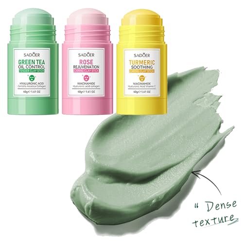 3PCS Green Tea Face Mask, Turmeric Clay Mask Rose Stick for Deep Cleansing, Blackhead Remover, Oil Control, Moisturizing for All Skin Types Avelisse