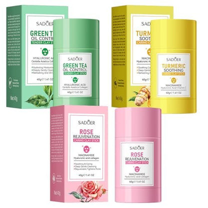 3PCS Green Tea Face Mask, Turmeric Clay Mask Rose Stick for Deep Cleansing, Blackhead Remover, Oil Control, Moisturizing for All Skin Types Avelisse