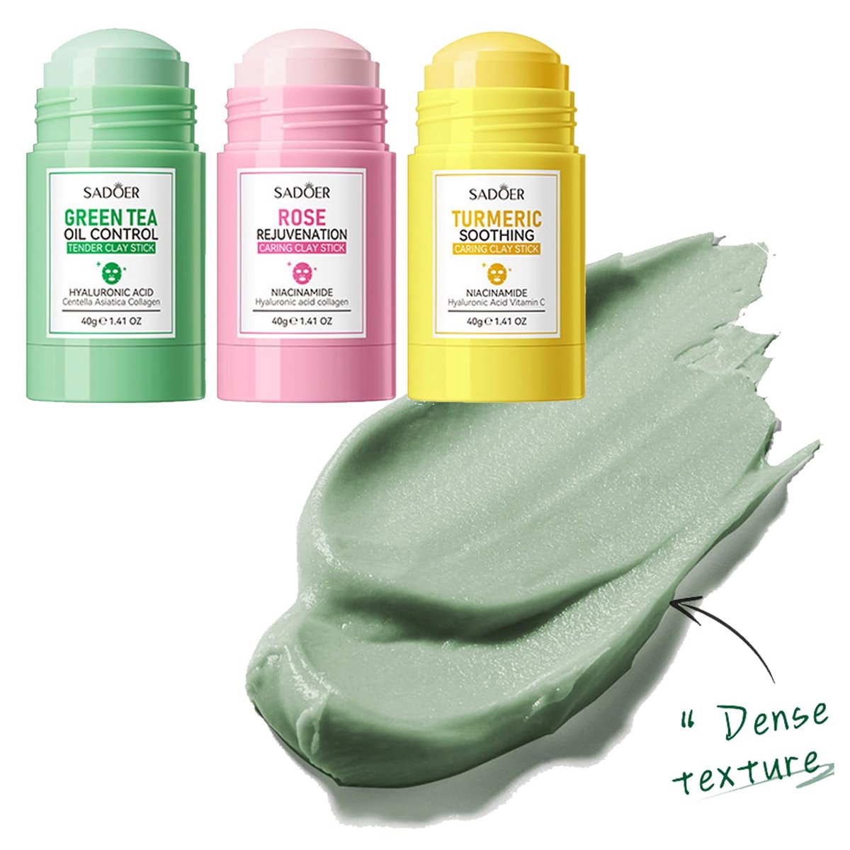 3PCS Green Tea Face Mask, Turmeric Clay Mask Rose Stick for Deep Cleansing, Blackhead Remover, Oil Control, Moisturizing for All Skin Types Avelisse