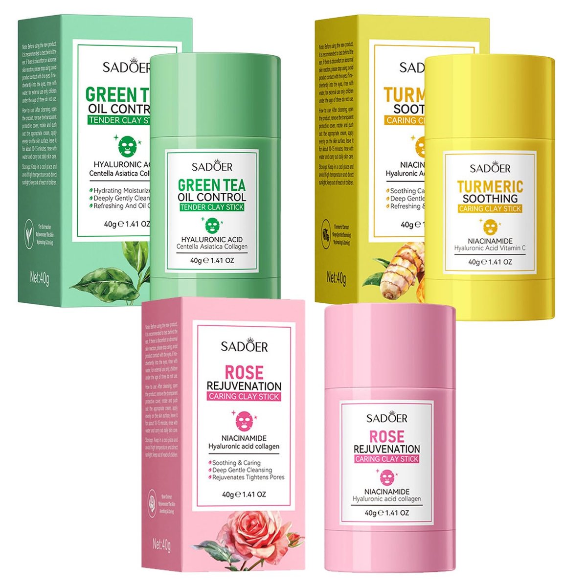 3PCS Green Tea Face Mask, Turmeric Clay Mask Rose Stick for Deep Cleansing, Blackhead Remover, Oil Control, Moisturizing for All Skin Types Avelisse