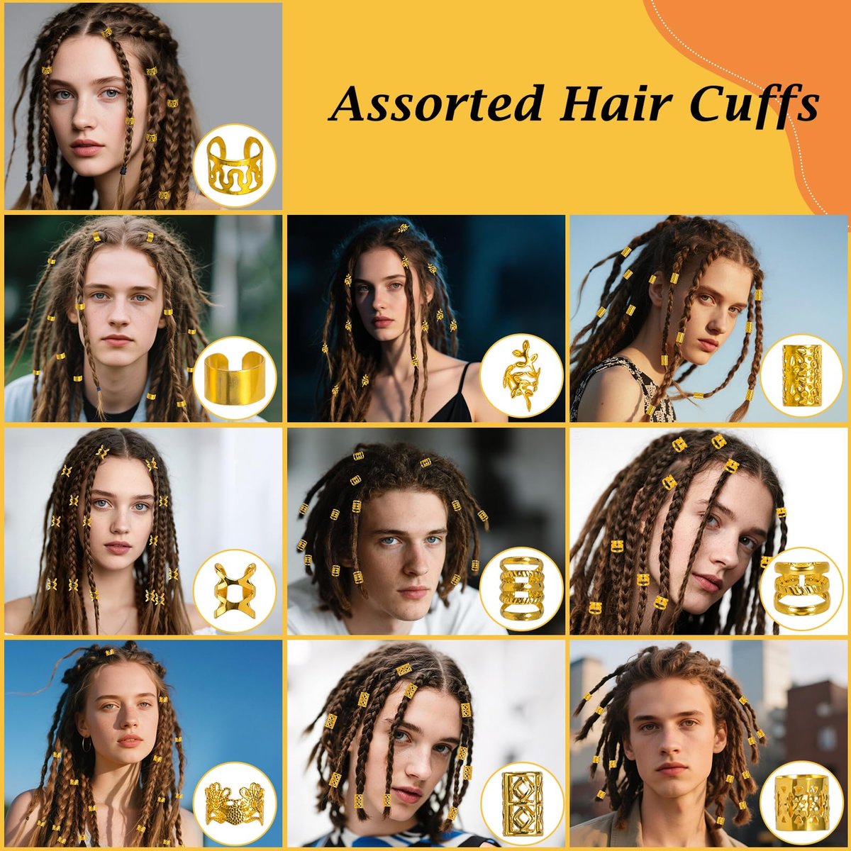 Nafaboig 100PCS Gold Hair Jewelry for Women Braids - Assorted Hair Cuffs, Ear Clips & Loc Beads for Hair Decoration - görsel 9