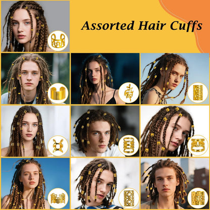 Nafaboig 100PCS Gold Hair Jewelry for Women Braids - Assorted Hair Cuffs, Ear Clips & Loc Beads for Hair Decoration