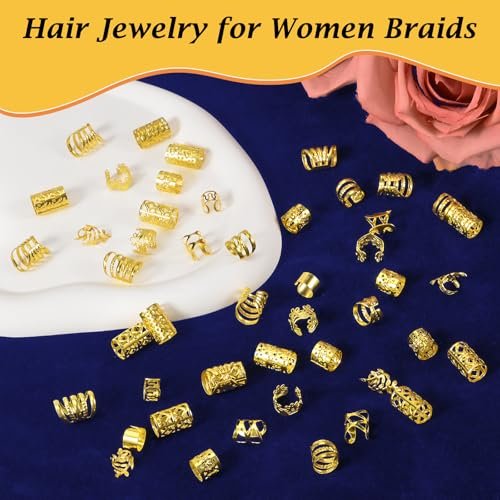 Nafaboig 100PCS Gold Hair Jewelry for Women Braids - Assorted Hair Cuffs, Ear Clips & Loc Beads for Hair Decoration - görsel 4