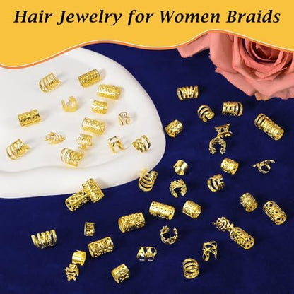 Nafaboig 100PCS Gold Hair Jewelry for Women Braids - Assorted Hair Cuffs, Ear Clips & Loc Beads for Hair Decoration