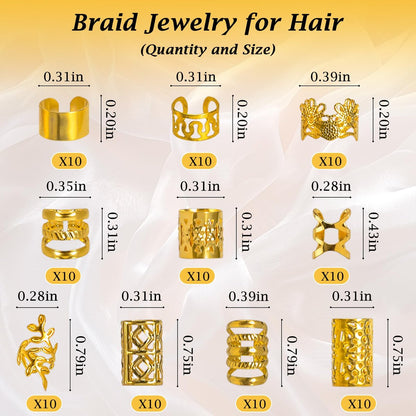 Nafaboig 100PCS Gold Hair Jewelry for Women Braids - Assorted Hair Cuffs, Ear Clips & Loc Beads for Hair Decoration