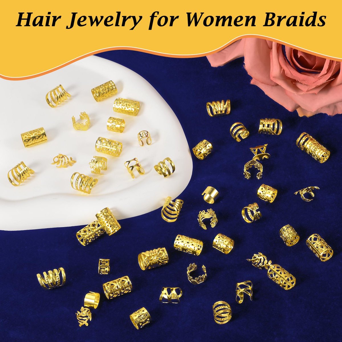 Nafaboig 100PCS Gold Hair Jewelry for Women Braids - Assorted Hair Cuffs, Ear Clips & Loc Beads for Hair Decoration - görsel 3