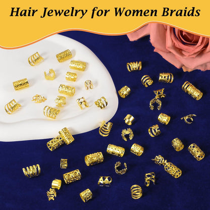 Nafaboig 100PCS Gold Hair Jewelry for Women Braids - Assorted Hair Cuffs, Ear Clips & Loc Beads for Hair Decoration