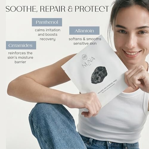 NUNA Volcanic Ash Hydrogel Face Masks with Smile Line Patches – Korean Glass Skin Detox & Deep Hydrating Jelly Mask with Hyaluronic Acid, Ceramides – Overnight Moisturizing + Purifying Care, 7 Sheets Avelisse