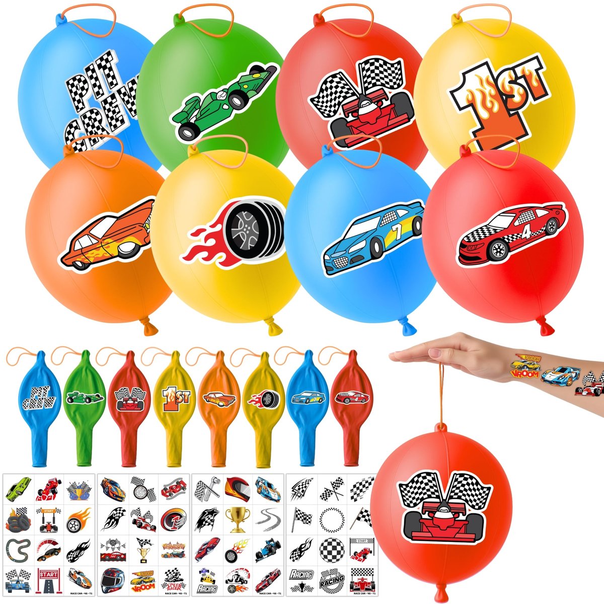 72PCS Race Car Party Favors for Kids - Car-Themed Party Supplies with Temporary Tattoos & Punch Balloons, Birthday Gifts, Goodie Bag Fillers, Classroom Rewards - görsel 1