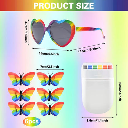 Rainbow Pride Accessories Set: Flag, Face Paint, Butterfly Hair Clip & Sunglasses for LGBTQ Celebrations