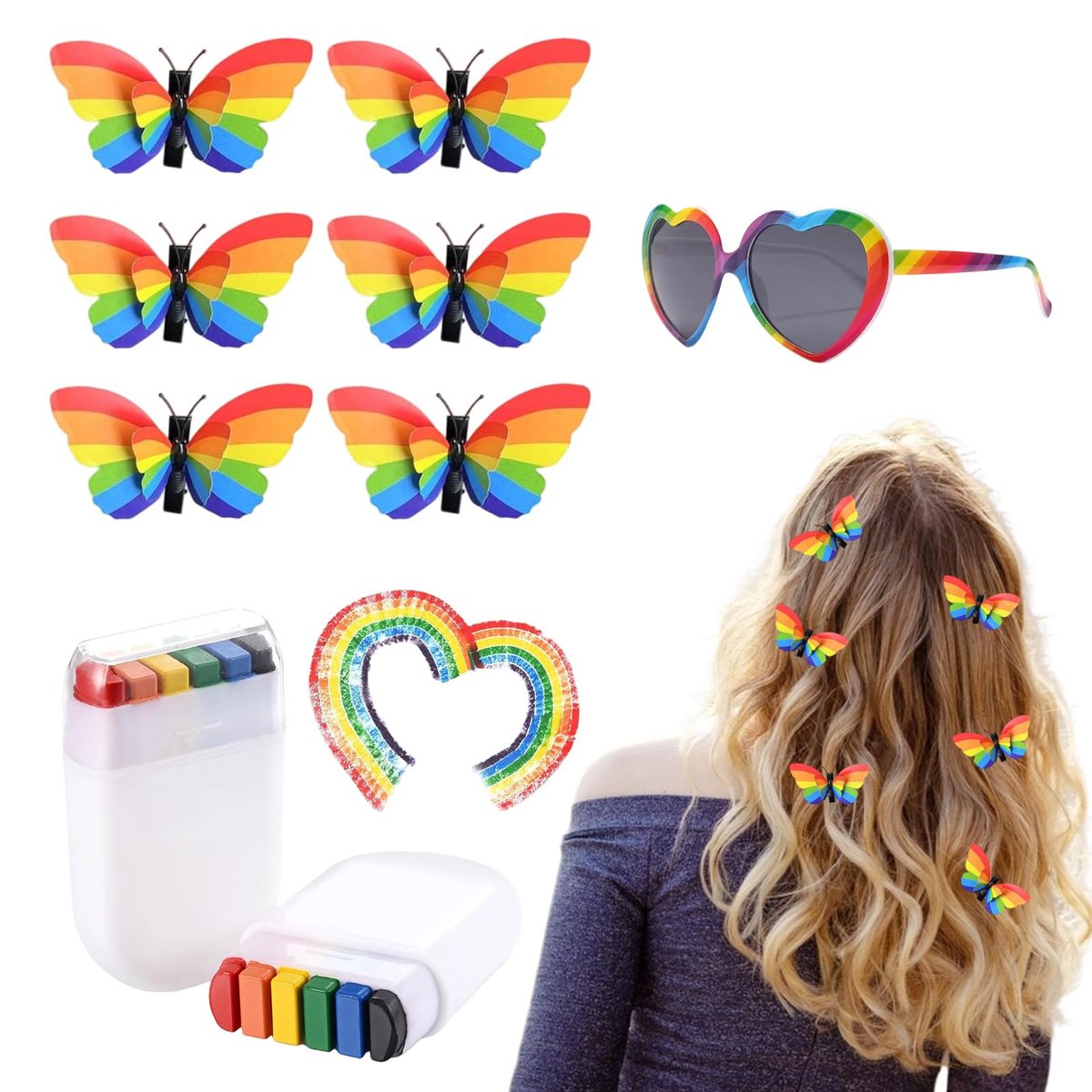 Rainbow Pride Accessories Set: Flag, Face Paint, Butterfly Hair Clip & Sunglasses for LGBTQ Celebrations - görsel 1