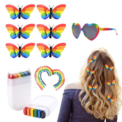 Rainbow Pride Accessories Set: Flag, Face Paint, Butterfly Hair Clip & Sunglasses for LGBTQ Celebrations
