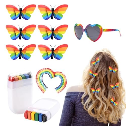Rainbow Pride Accessories Set: Flag, Face Paint, Butterfly Hair Clip & Sunglasses for LGBTQ Celebrations - görsel 2