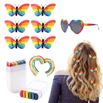 Rainbow Pride Accessories Set: Flag, Face Paint, Butterfly Hair Clip & Sunglasses for LGBTQ Celebrations