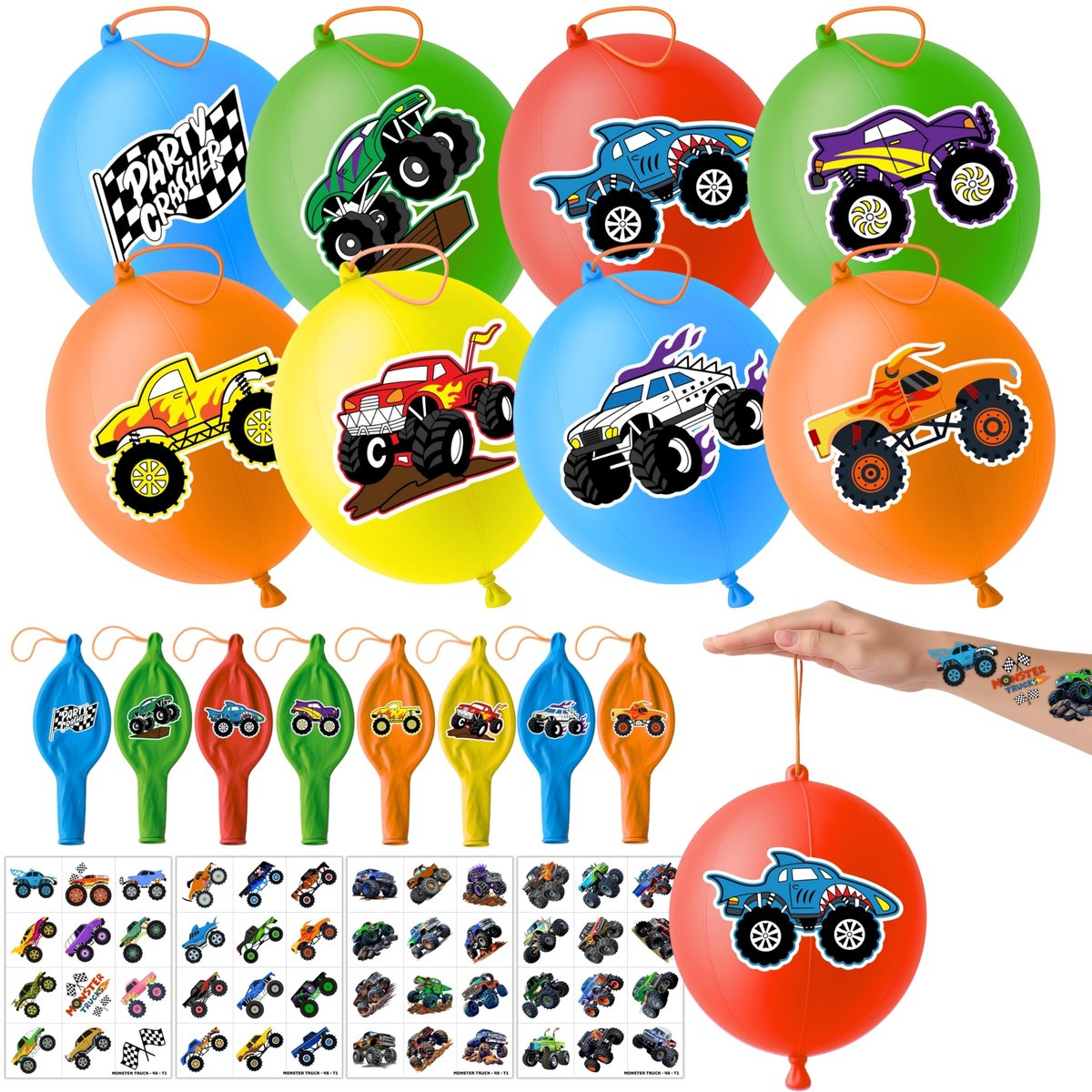 72 PCS Monster Truck Party Favors - 48 Temporary Tattoos & 24 Punch Balloons Combo - Birthday Gifts & Goodie Bag Fillers for Kids - görsel 1