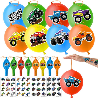 72 PCS Monster Truck Party Favors - 48 Temporary Tattoos & 24 Punch Balloons Combo - Birthday Gifts & Goodie Bag Fillers for Kids