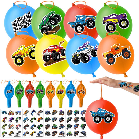 72 PCS Monster Truck Party Favors - 48 Temporary Tattoos & 24 Punch Balloons Combo - Birthday Gifts & Goodie Bag Fillers for Kids