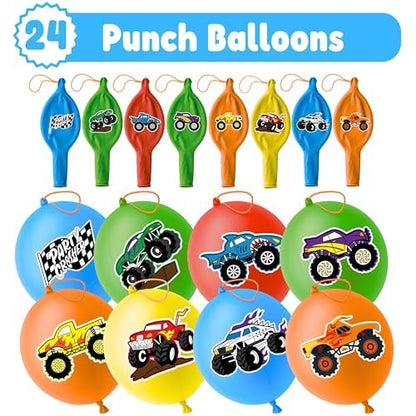 72 PCS Monster Truck Party Favors - 48 Temporary Tattoos & 24 Punch Balloons Combo - Birthday Gifts & Goodie Bag Fillers for Kids
