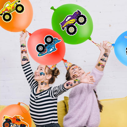 72 PCS Monster Truck Party Favors - 48 Temporary Tattoos & 24 Punch Balloons Combo - Birthday Gifts & Goodie Bag Fillers for Kids