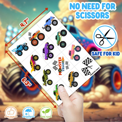 72 PCS Monster Truck Party Favors - 48 Temporary Tattoos & 24 Punch Balloons Combo - Birthday Gifts & Goodie Bag Fillers for Kids
