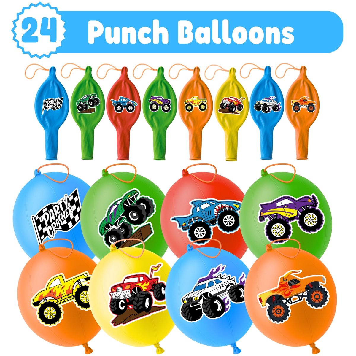 72 PCS Monster Truck Party Favors - 48 Temporary Tattoos & 24 Punch Balloons Combo - Birthday Gifts & Goodie Bag Fillers for Kids - görsel 9