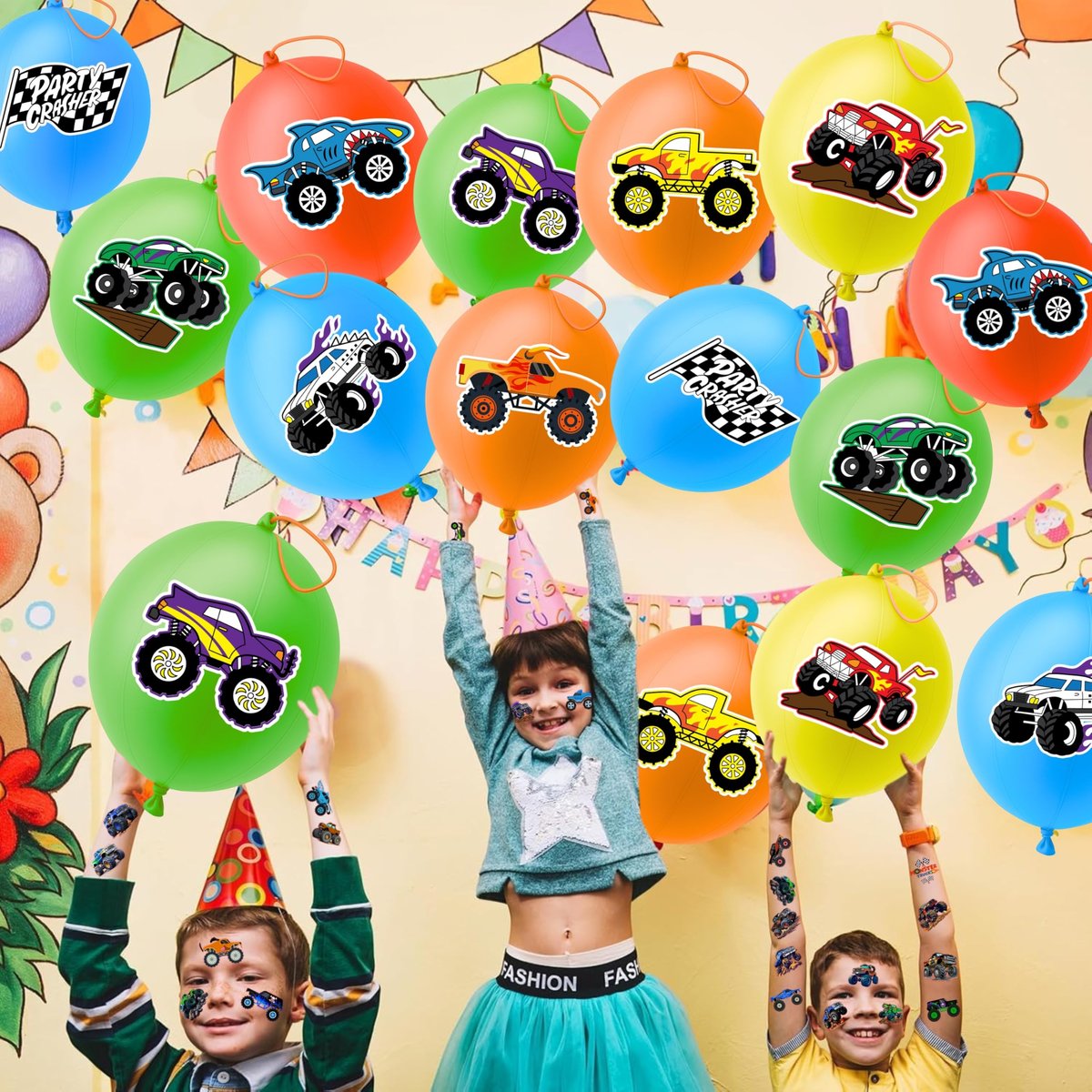 72 PCS Monster Truck Party Favors - 48 Temporary Tattoos & 24 Punch Balloons Combo - Birthday Gifts & Goodie Bag Fillers for Kids - görsel 5