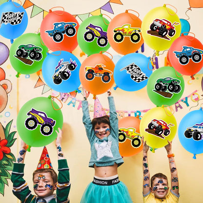 72 PCS Monster Truck Party Favors - 48 Temporary Tattoos & 24 Punch Balloons Combo - Birthday Gifts & Goodie Bag Fillers for Kids