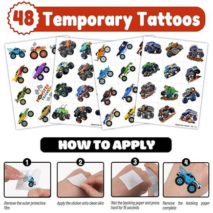 72 PCS Monster Truck Party Favors - 48 Temporary Tattoos & 24 Punch Balloons Combo - Birthday Gifts & Goodie Bag Fillers for Kids