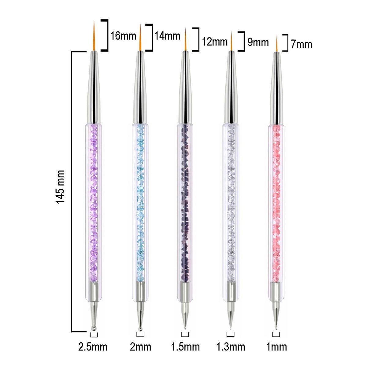 HomTop 5-Piece Double-Ended Nail Art Brushes Set - Precision French Tip & Dotting Tools for Salon, DIY & Beginners (7-16mm Tips) - görsel 5