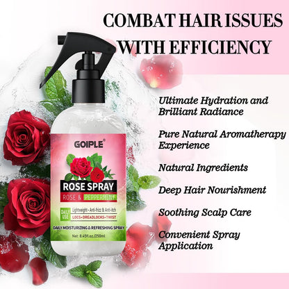 Rose Water Hair Moisturizing Refreshing Spray for Locs - Peppermint & Rose Water Scalp Moisturizer, Hydrating Dreadlock Spray, Nourishing Natural Loc Care & Maintenance, 8.45 Fl Oz