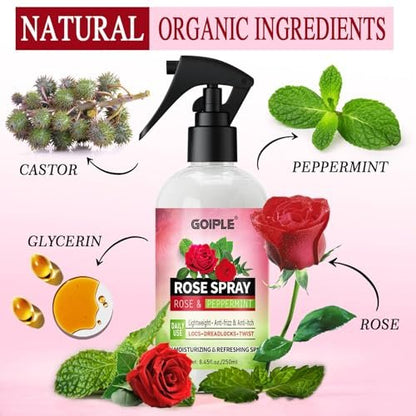 Rose Water Hair Moisturizing Refreshing Spray for Locs - Peppermint & Rose Water Scalp Moisturizer, Hydrating Dreadlock Spray, Nourishing Natural Loc Care & Maintenance, 8.45 Fl Oz