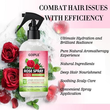 Rose Water Hair Moisturizing Refreshing Spray for Locs - Peppermint & Rose Water Scalp Moisturizer, Hydrating Dreadlock Spray, Nourishing Natural Loc Care & Maintenance, 8.45 Fl Oz