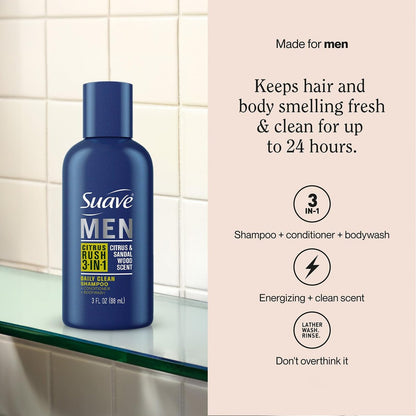 Suave Men's 3-in-1 Shampoo, Conditioner, & Body Wash, Travel-Size 6-Pack, Citrus Rush, 3 Oz Each Avelisse