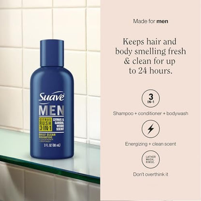 Suave Men's 3-in-1 Shampoo, Conditioner, & Body Wash, Travel-Size 6-Pack, Citrus Rush, 3 Oz Each Avelisse