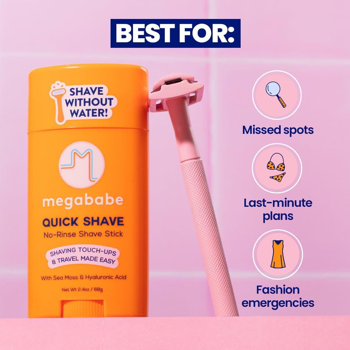 Megababe Quick Shave No-Rinse Shave Stick – Travel-Friendly Shaving Touch-Ups with Sea Moss & Hyaluronic Acid, 2.4 oz Avelisse