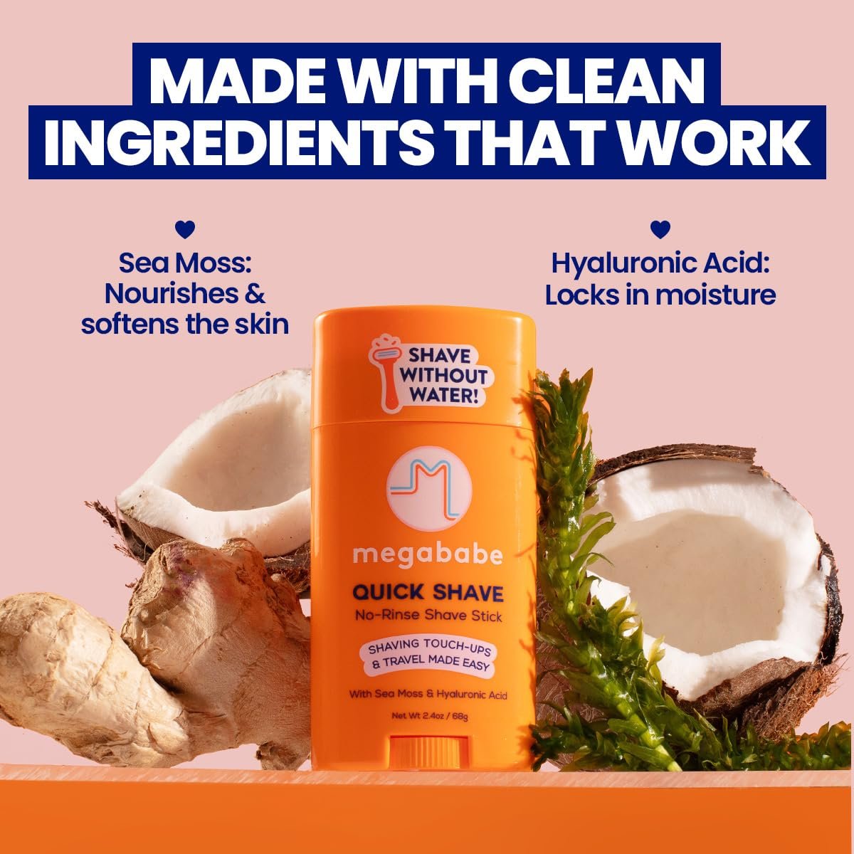 Megababe Quick Shave No-Rinse Shave Stick – Travel-Friendly Shaving Touch-Ups with Sea Moss & Hyaluronic Acid, 2.4 oz Avelisse